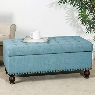 Asense Linen Fabric Rectangle Tufted Lift Top Storage Ottoman Bench, Footstool with Solid Wood Legs Upholstered Storage Bench