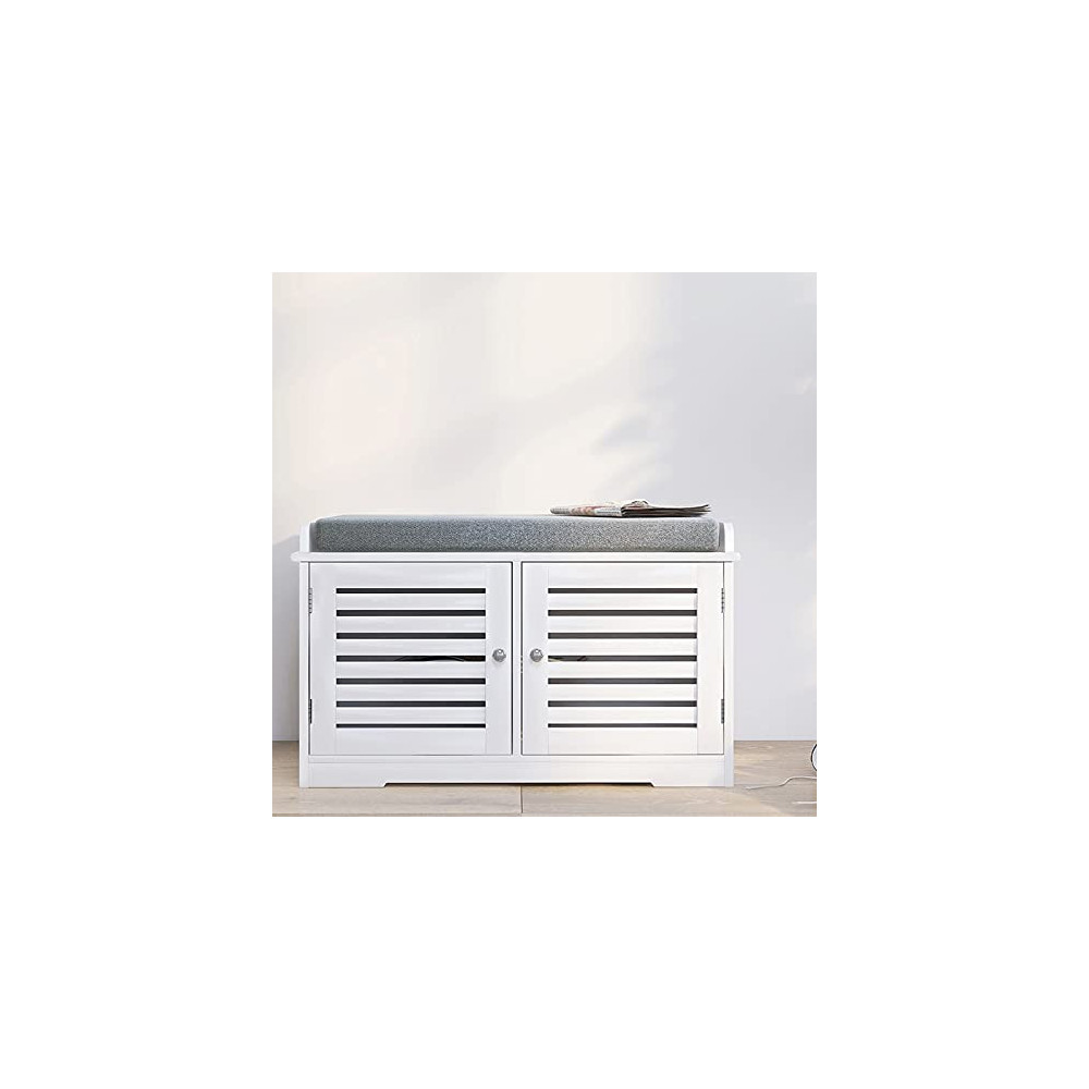 Shoe Storage Benches RASOO White Shoe Rack Bench with 2 Doors & Padded Seat Cushion in Grey Shoe Cabinet Shoe Entryway Bench 