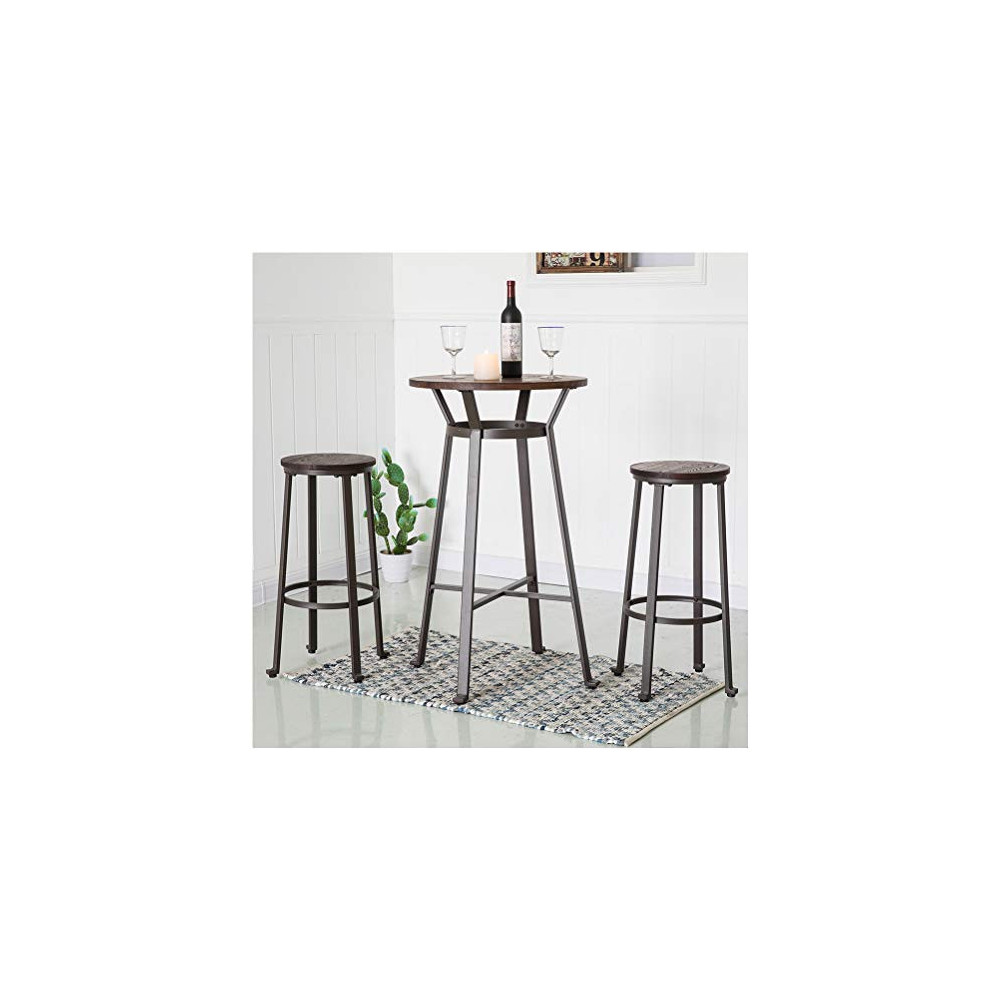 glitzhome 3 Piece Round Bar Stool and Table Set Pub Height Dining Room Wood Top Metal Bar Bistro Coffee  1 Table + 2 Chairs 