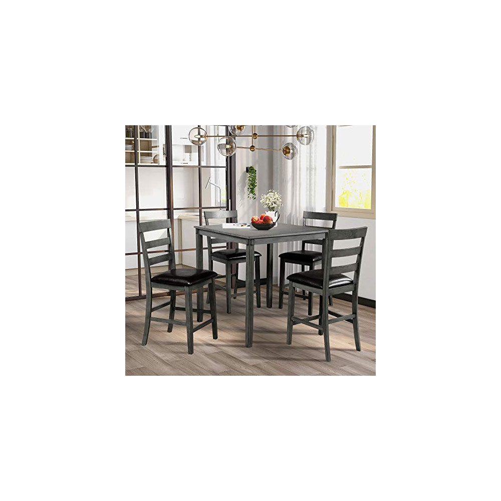 Merax 5-Piece Square Counter Height Wooden Kitchen, Dining Room Set with Table and 4 Upholstered Chairs, Grey+Black