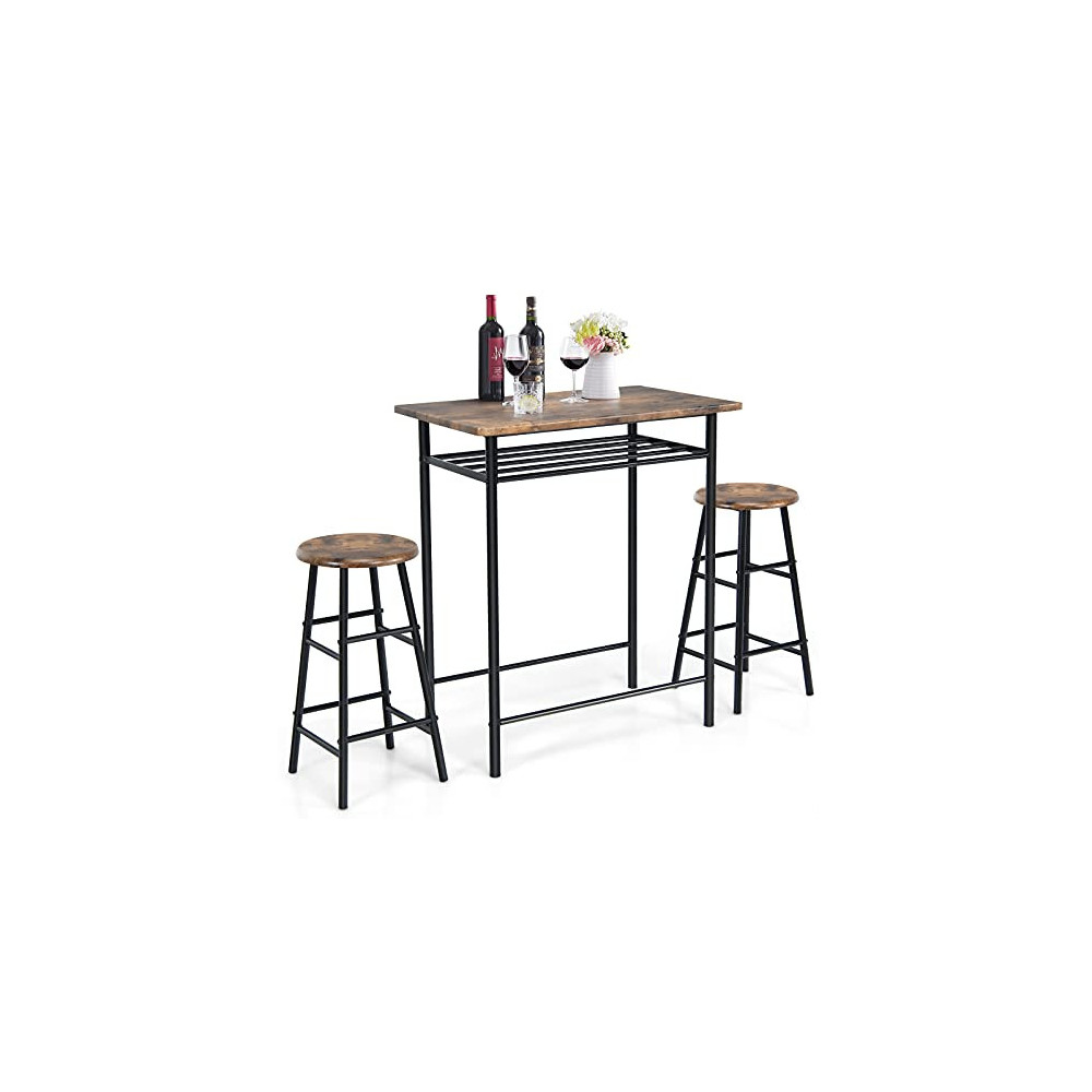 COSTWAY 3 Pieces Dining Table Set, Compact Dining Table Set with 2 Bar Stools, Space-Saving Bistro Set with Metal Fame and St