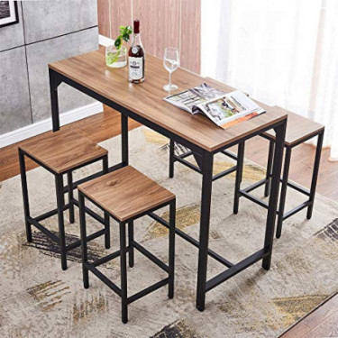 5-Piece Home Bar Table and Stool Set, Pub Table Set with High Stools for Kitchen Dining Room, Marble Print Tavern Set, Counte