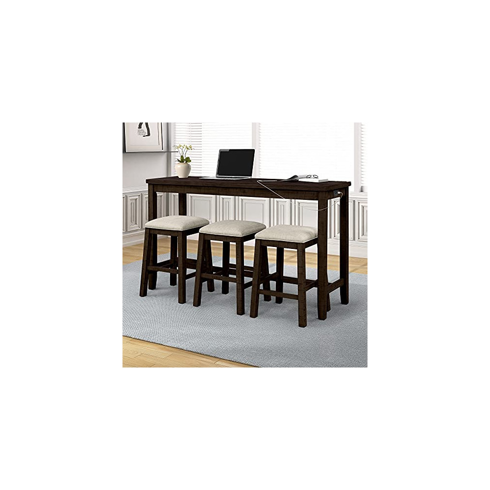 P PURLOVE 4-Piece Bar Table Set Counter Height Dining Pub Table Set with 3 Bar Stools Multipurpose PubBar Table Set with USB 