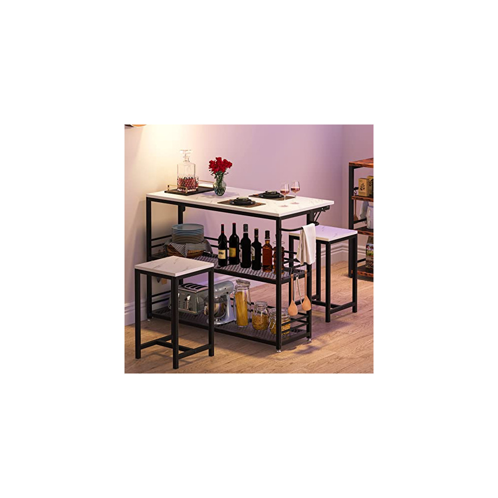 Tribesigns Dining Table Set with 2 Bar Stools, 47.24" Drop Leaf Pub Tables Bar Table and Chairs Set, 3-Tier Kitchen Island wi