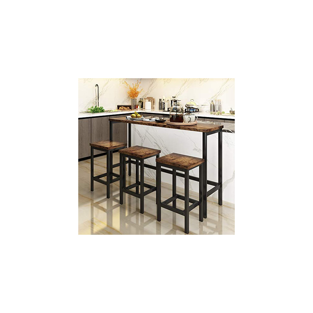 Merax 4-Piece Counter Height Extra Long Dining Table Set with 3 Stools and Side Table with Footrest Pub Kitchen Set  Brown 