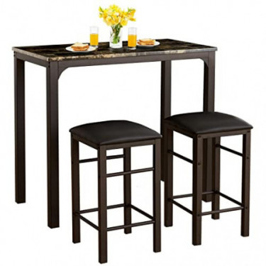 VECELO Bar Table Set with 2 Stools, 3 Pieces Rectangular Kitchen Counter with Chairs Height Pub Tabletop for Dining Living Pa