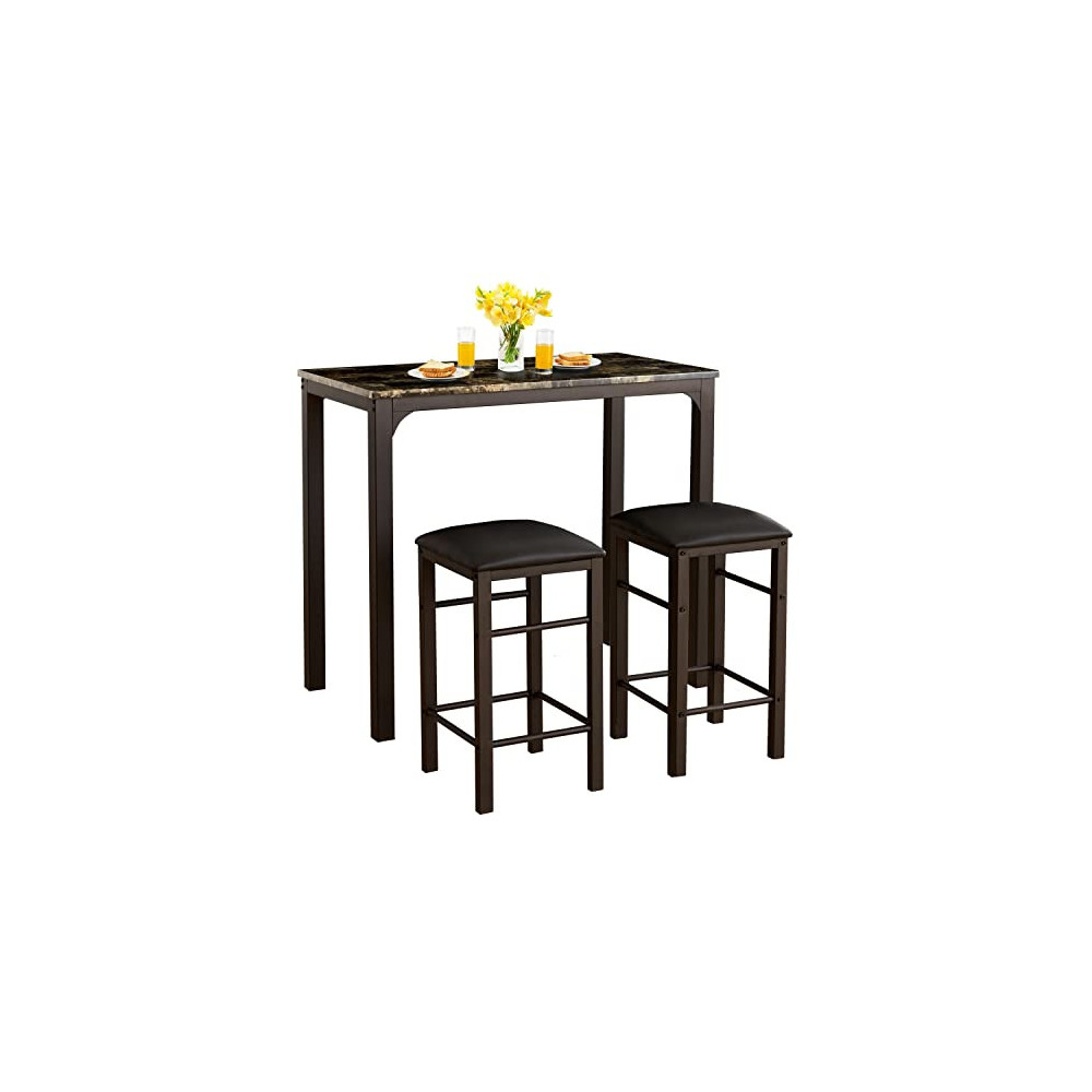 VECELO Bar Table Set with 2 Stools, 3 Pieces Rectangular Kitchen Counter with Chairs Height Pub Tabletop for Dining Living Pa