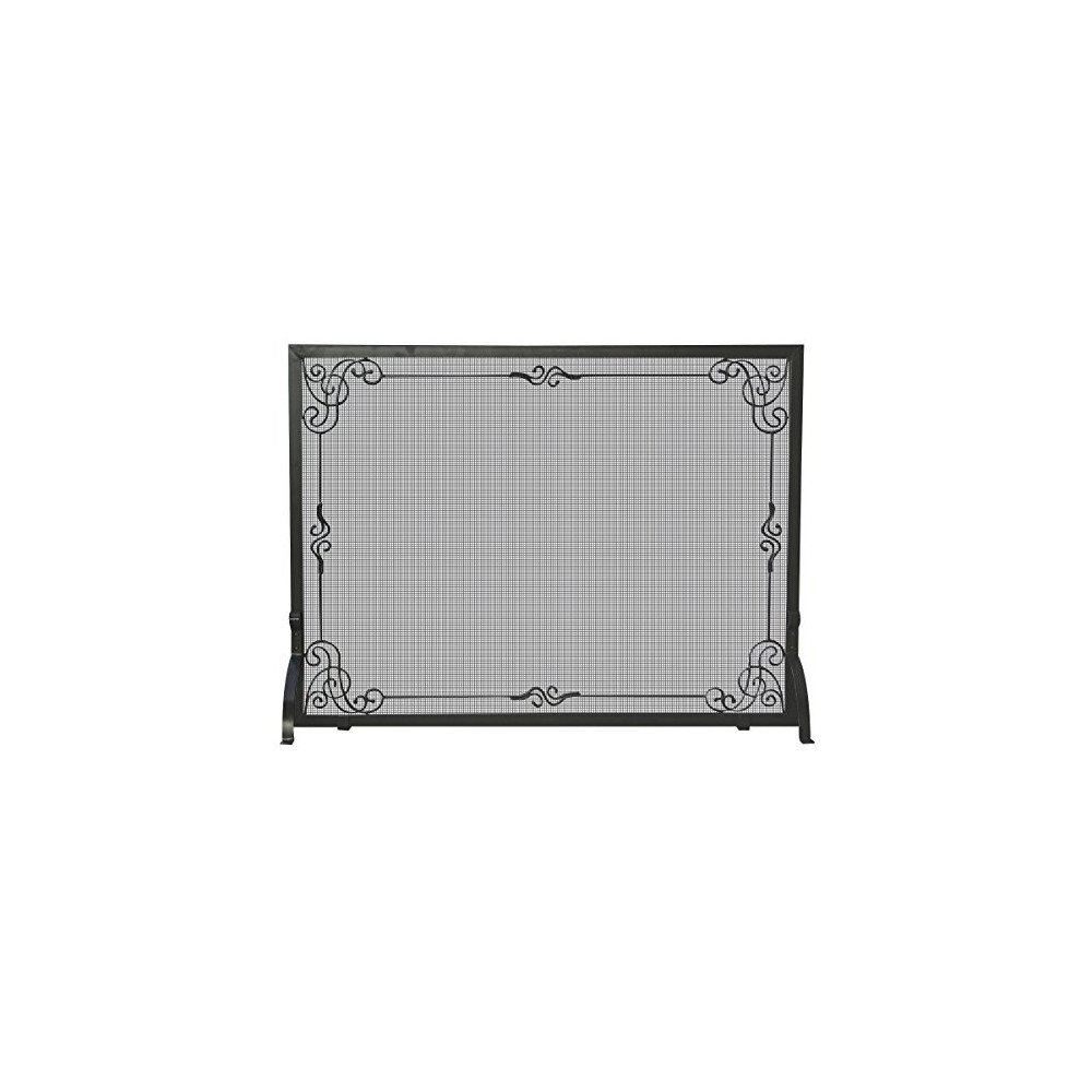 Uniflame Single Panel Wrought Iron Screen with Decorative Scroll, Black