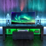 JOYSOURCE Black LED TV Stand High Glossy Television Stands Modern Entertainment Center with RGB LED Lights Wood TV Stand for 