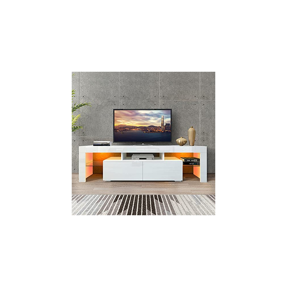 DMAITH TV Stand with LED Lights, 2 Drawers and Open Shelves High Gloss Entertainment Center Media Console Table Storage Desk 