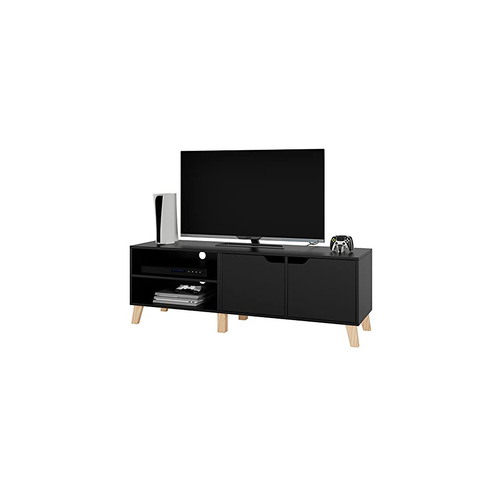 TV Stand, Modern Entertainment Center for 65 inch TVs, Media Console Table with 2 Door, 2 Open Shelves & 2 Oak Leg, Black