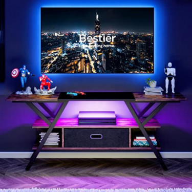Bestier 55" Gaming TV Stand for 65 Inch TV Gaming Entertainment Center for Kid Teen Bedroom Rustic TV Stand with Led Fabric D