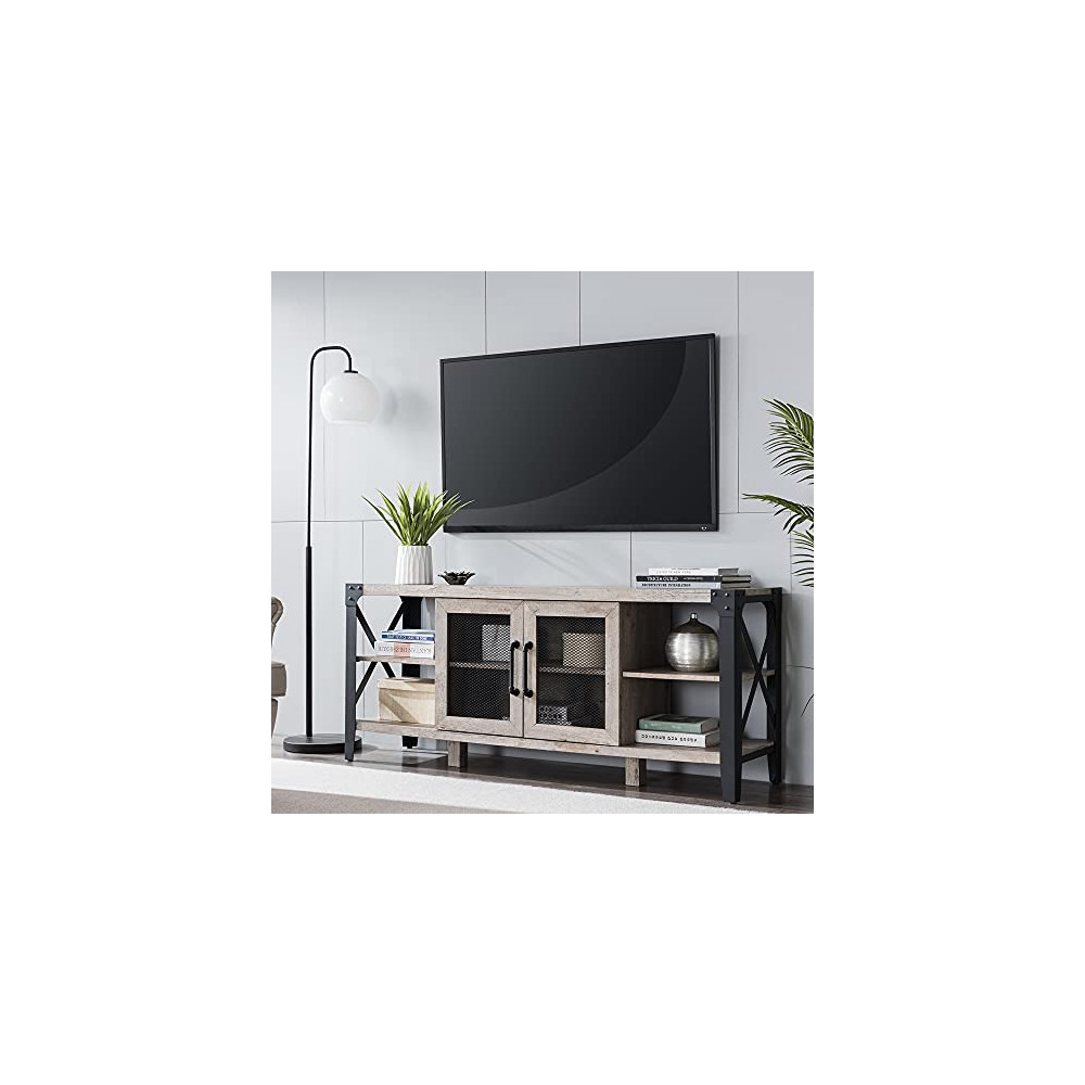 OKD TV Stand Farmhouse TV Media Console White Rustic Entertainment Center Wood TV Cabinet for 65 Inch TV, with Sturdy Side Me