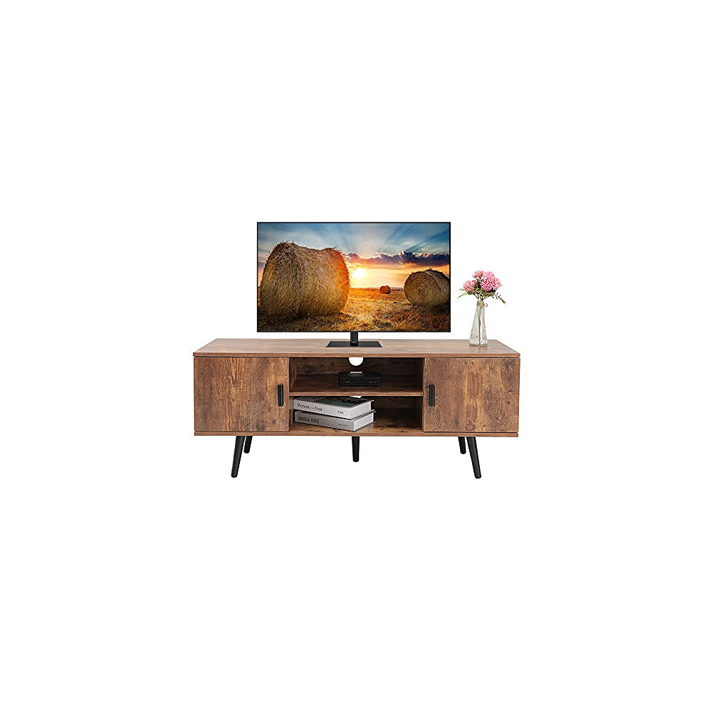 IWELL Mid-Century Modern TV Stand for TVs up to 55 Inch, Boho TV Console with 2 Storage Cabinet for Living Room, TV Stand & E