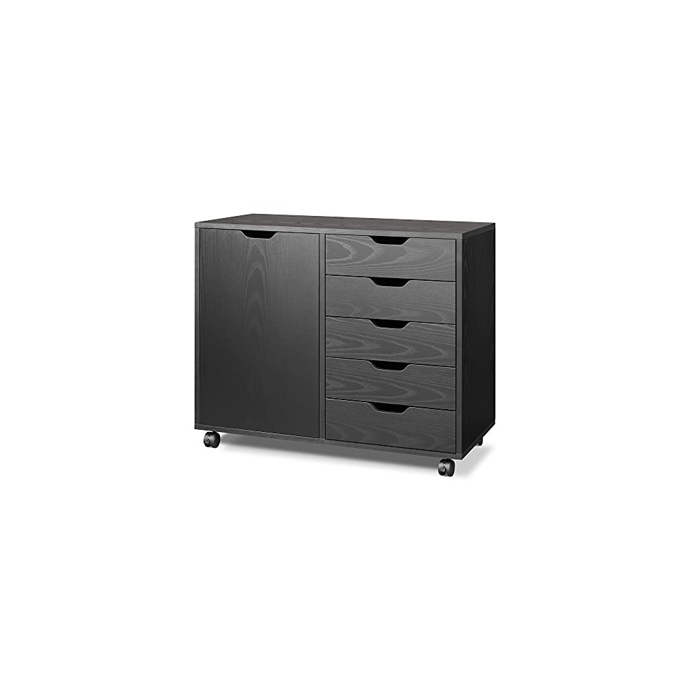 DEVAISE 5Drawer Wood Dresser Chest with Door, Mobile Storage