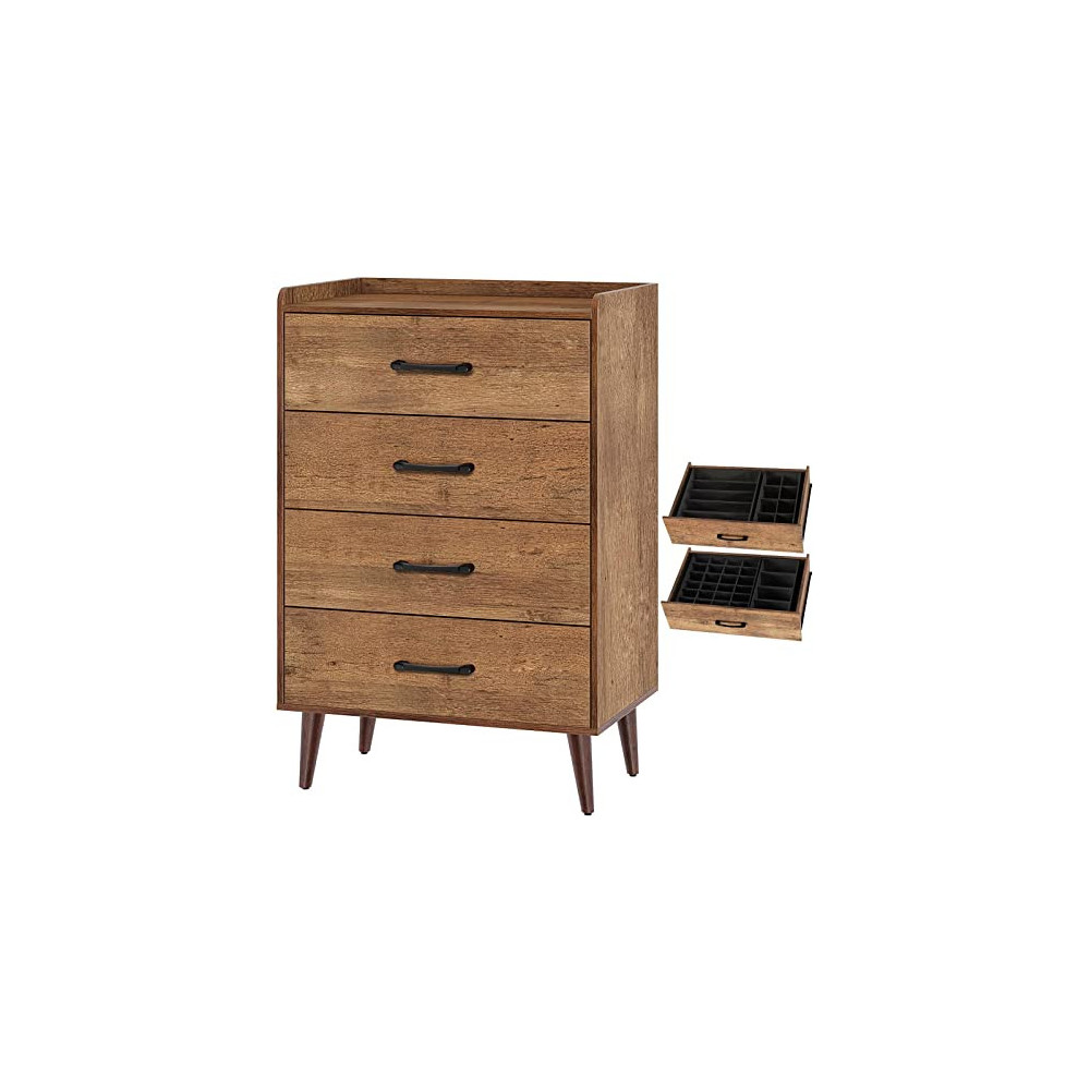 Rolanstar Drawer Dresser with 4 Wood Drawers, Storage Dresser with 4 Set Foldable Drawer Dividers, Rustic Chest of Drawer Bed