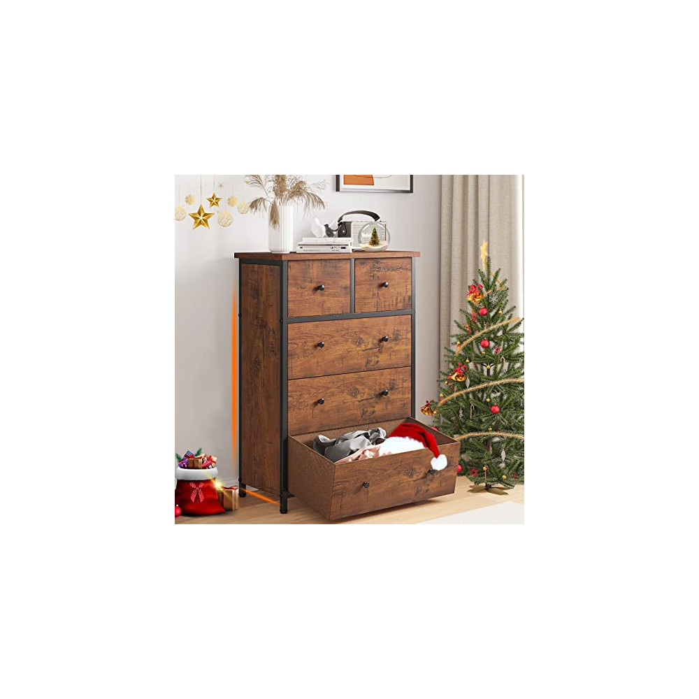 Hasuit 5 Drawer Dresser, Storage Tower with 5 Fabric Drawers, Wooden Front, Sides and Top with Metal Frame, for Living Room, 