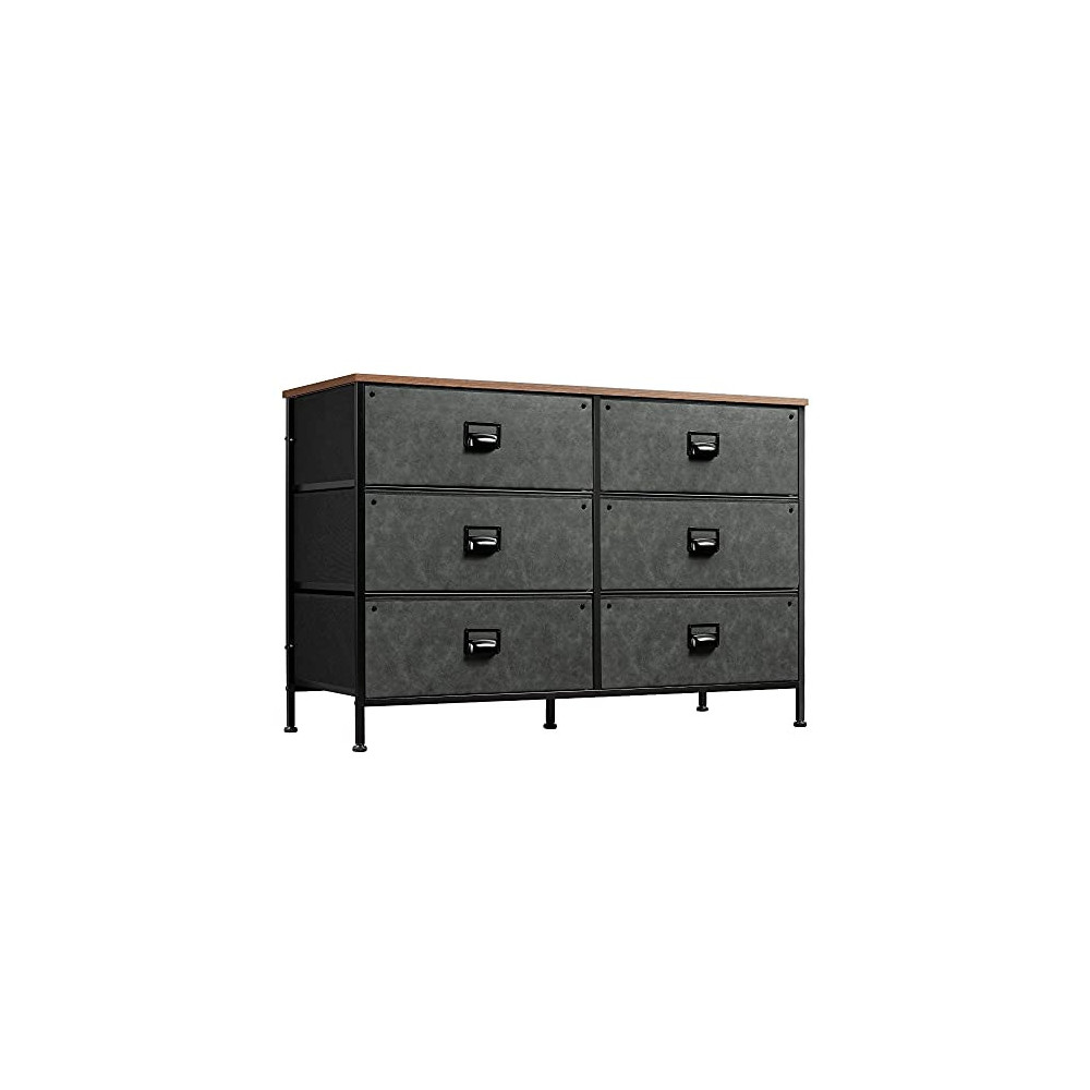 WLIVE Wide Dresser with 6 Drawers, Industrial TV Stand, Entertainment Center with Metal Frame, Wooden Top, Fabric Storage Dre