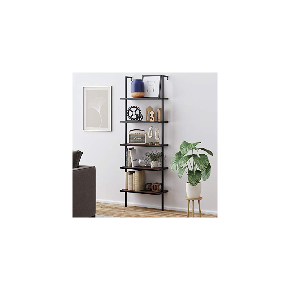 Nathan James Theo 5-Shelf Wood Modern Bookcase, Open Wall Mount Ladder Bookshelf with Industrial Metal Frame, Brown Walnut/Bl