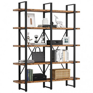 IRONCK Industrial Bookshelf and Bookcase Double Wide 5 Tier, Large Open Shelves, Wood and Metal Bookshelves for Home Office F