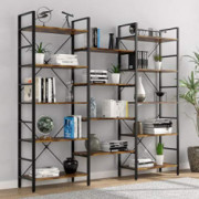 oneinmil Triple Wide 5-Shelf Bookcase Industrial Vintage Wood Style Large Open Bookshelves for Home&Office, Rustic Brown