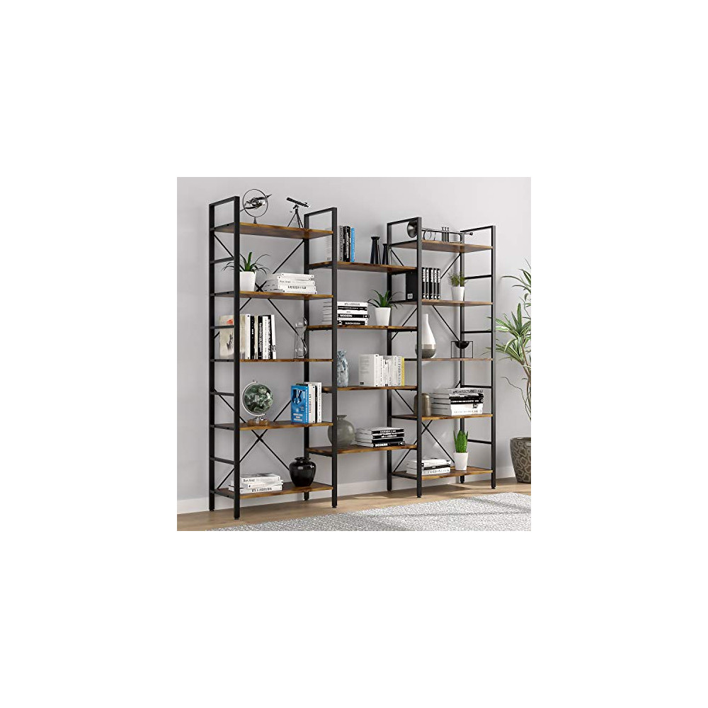 oneinmil Triple Wide 5-Shelf Bookcase Industrial Vintage Wood Style Large Open Bookshelves for Home&Office, Rustic Brown