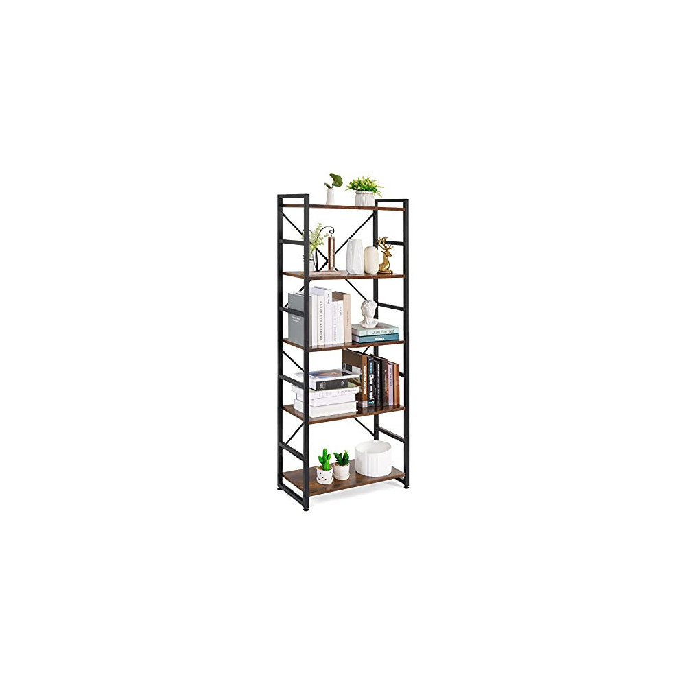 Haton Bookshelf, 5 Tier Industrial Rustic Wood Bookcase, Modern Standing Metal Frame Book Shelf for Living Room, Bedroom and 