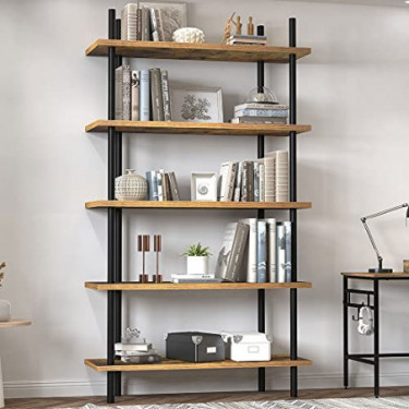 5 Tier Bookshelf, 66.7" Industrial Wood Bookcase Tall Bookshelves Open Display Shelf Standing Storage Organizer Rack with Pip