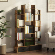 Rolanstar Bookshelf with 2Drawers, Rustic Wood Bookshelves, Free Standing Book Shelf Industrial Shelf Free Standing Storage S