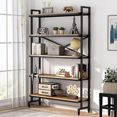 Tribesigns Industrial Bookshelf, 5-Tier Bookcase and Bookshelves, Open Freestanding Storage Shelf with Metal Frame for Displa