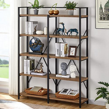 FATORRI 5 Tier Industrial Bookshelf, Rustic Wood Etagere Bookcase, Metal Tall Book Shelf with Open Shelving Unit  Rustic Oak,