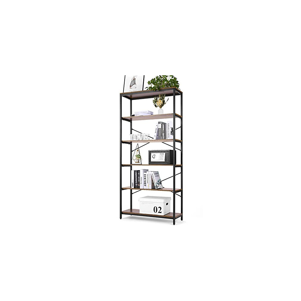 DEVO Book Shelves 6-Tier Storage Shelves Wood Top Bookshelves Tall Industrial Bookshelf and Bookcases Vintage Etagere Bookcas