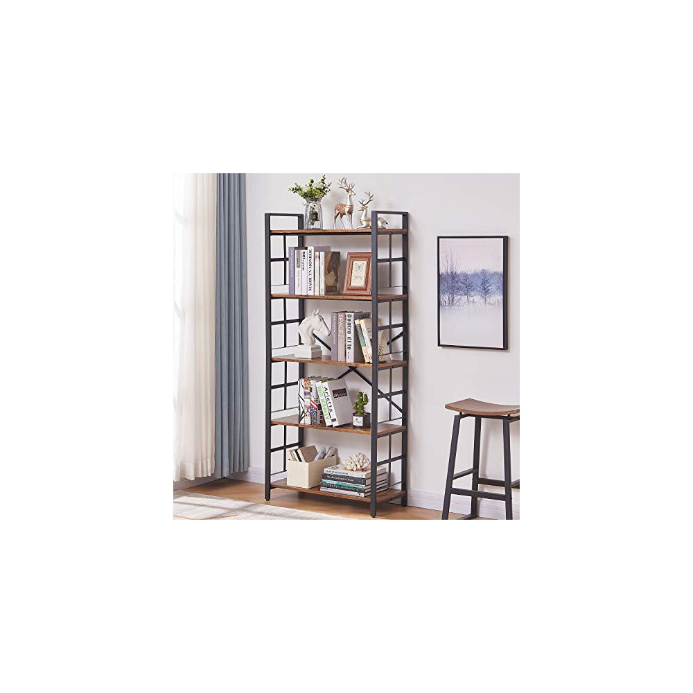 OIAHOMY Industrial Bookshelf，5-Tier Vintage Bookcase and Bookshelves，Rustic Wood and Metal Shelving Unit，Display Rack and Sto
