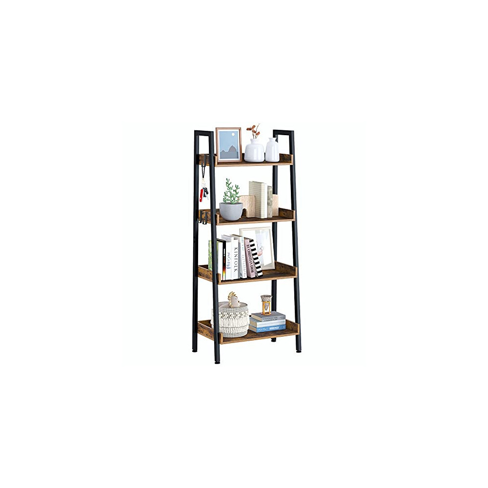 Rolanstar Ladder Bookshelf with 3 Hooks, 4 Tier Ladder Shelf, Industrial Bookcases, Freestanding Display Plant Shelves with M