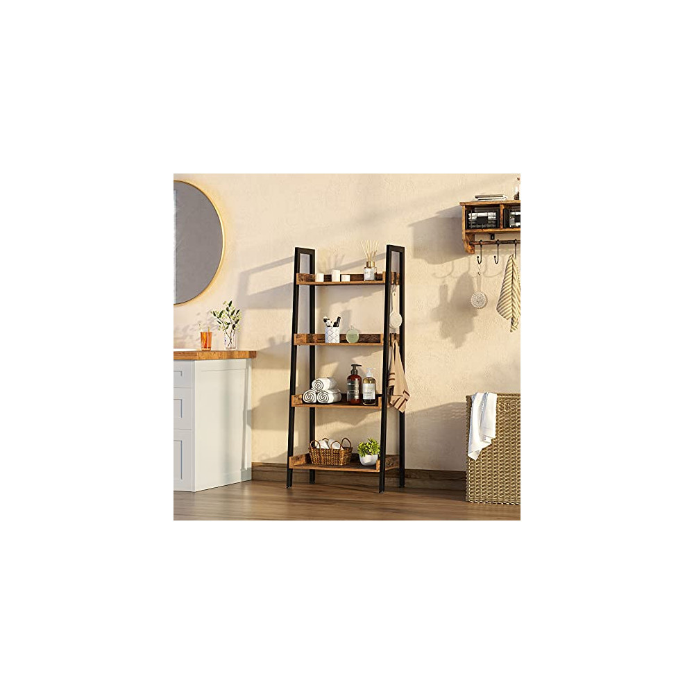 Rolanstar Ladder Bookshelf with 3 Hooks, 4 Tier Ladder Shelf