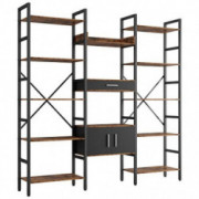 IRONCK Bookcases and Bookshelves Triple Wide 5 Tiers Industrial Bookshelf with Drawer and Door Large Etagere Bookshelf Open D