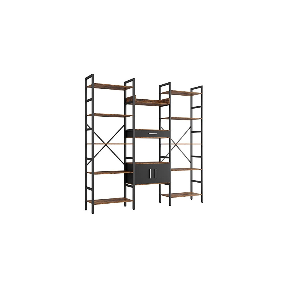 IRONCK Bookcases and Bookshelves Triple Wide 5 Tiers Industrial Bookshelf with Drawer and Door Large Etagere Bookshelf Open D