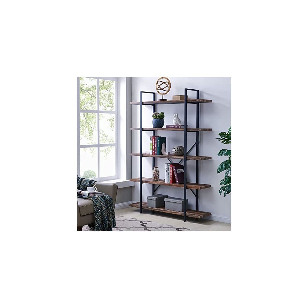 Homissue 5-Tier Bookcase, Vintage Industrial Wood and Metal Bookshelves for Home and Office Organizer, Retro Brown