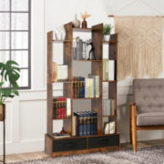 Bookshelf with 2 Drawers, Industrial Shelf Free Standing Shelf, Rustic Wood Bookshelves for Living Room, Bedroom, Home Office