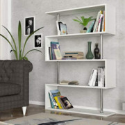Modern White Bookcase 4-Shelves, Unique Geometric Wide Book Display Shelves, Contemporary Furniture for Living Room, Bedroom 