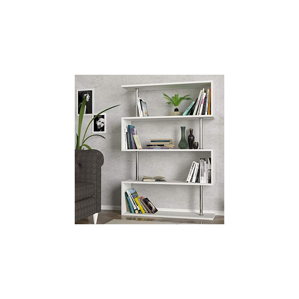 Modern White Bookcase 4Shelves, Unique Geometric Wide Book Universe