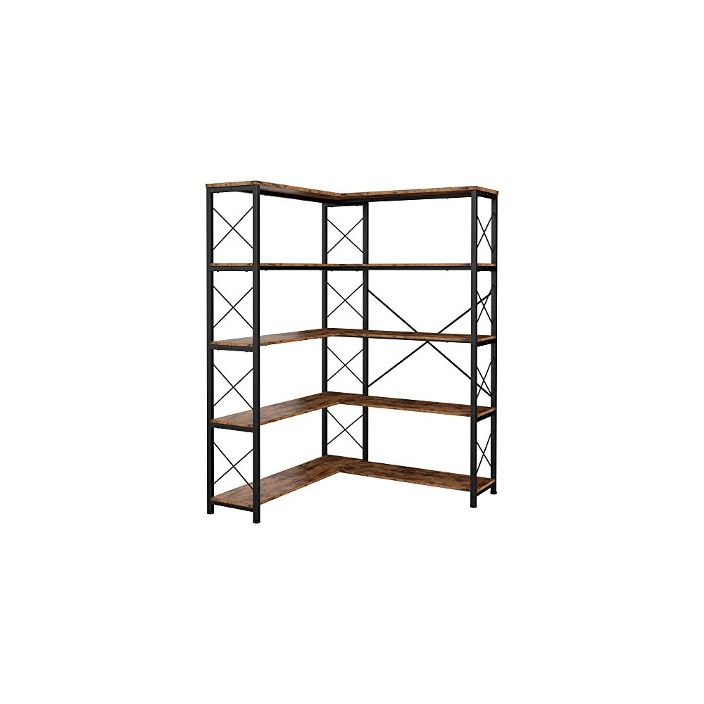 IRONCK Bookcases and Bookshelves Industrial Corner Etagere Bookcase L Shaped Shelf 5 Tier with Metal Frame for Living Room Ho
