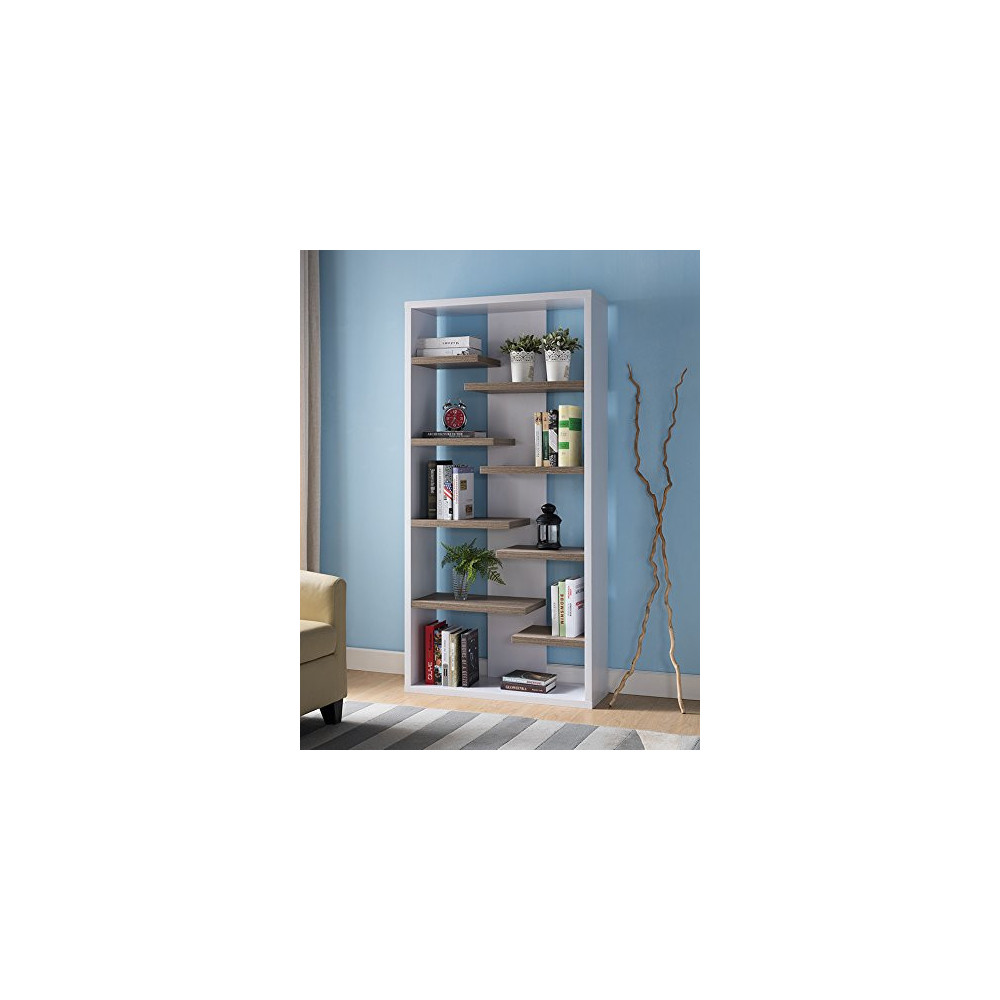 Contemporary Modern Two Tone Bookcase 8 Shelf Bookshelves, White & Dark Taupe