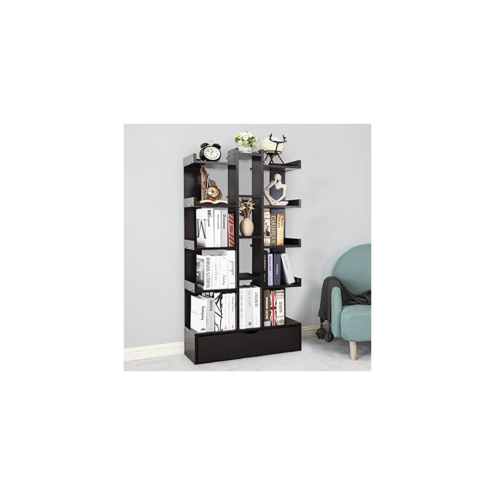 YAHARBO Bookcase with Drawer, Cube Bookshelf, 12 Storage Shelves, Wooden Free Standing Bookshelves, Display Organizer Book Sh