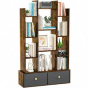 Unikito Bookshelf with 2 Drawers, Vintage Open Bookcase, Free Standing Book Shelf Organizer, Industrial Wood Bookshelves Stor