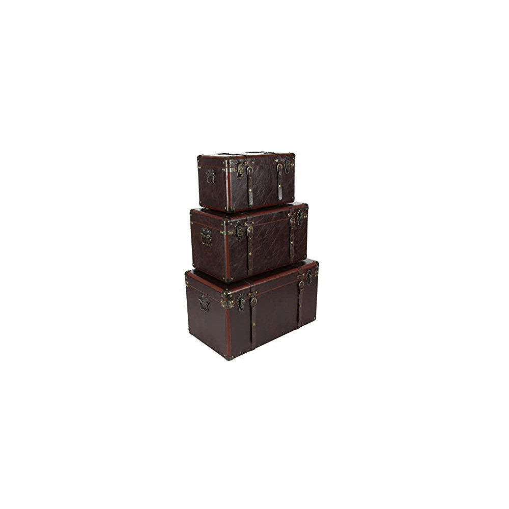 Deco 79 56977 Matte Leather and Wood Trunks  Set of 3 , Brown