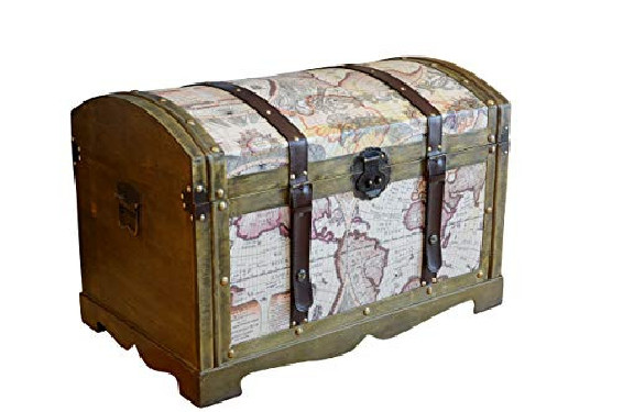 Victorian Ancient World Map Wooden Trunk Wood Treasure Chest - Large
