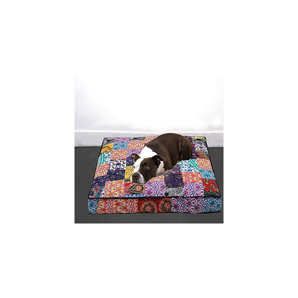THE ART BOX - Indian Mandala Patchwork Floor Pillow Square Ottoman Pouf Daybed Oversized Cushion Cover Cotton Seating Ottoman