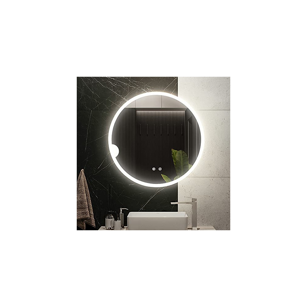 Vlsrka 24 Inch Round Bathroom LED Lighted Mirror, Wall Mounted Vanity Makeup Mirror with Lights, 3 Colors Dimmable Brightness