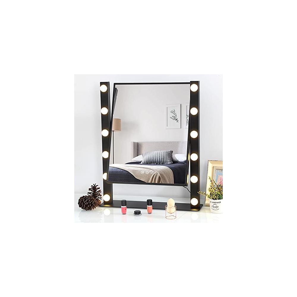 LEISHE Large Vanity Mirror with Lights Rotated Hollywood Mirror with 12 Dimmable LED Bulbs 3 Color Lighting Modes Touch Contr